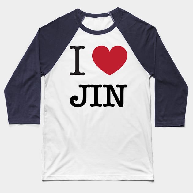 I love BTS Jin Kim Seokjin typography Morcaworks Baseball T-Shirt by Oricca